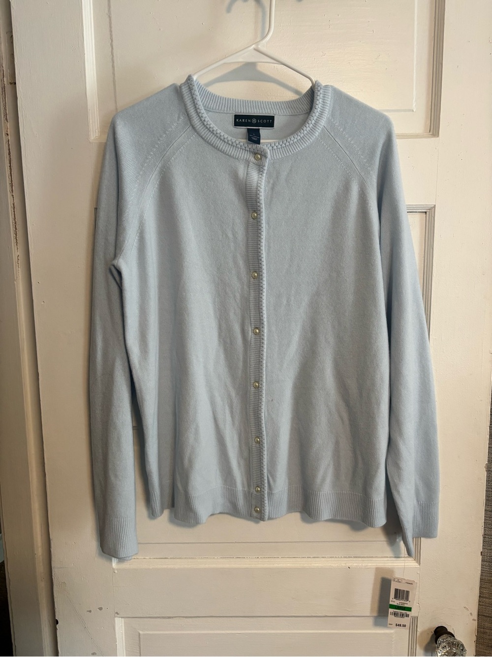 Karen Scott Pale Blue Button-Front Crewneck Cardigan